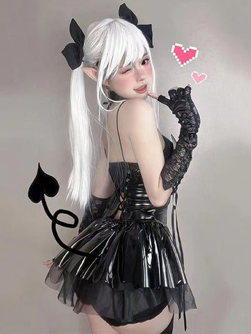 Sonicelife Sexy Cosplay Pu Dress Women Harajuku Streetwear Grunge Bandage Hollow Out Bats Dress Punk Y2k E-girl Mall Gothic Clothes