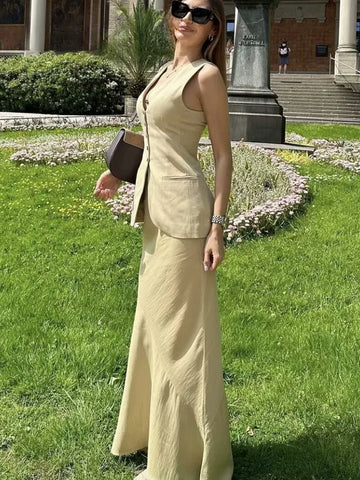 Sonicelife Women Vest Skirt Sets Female Khaki Long Blazer Vest V Neck Sleeveless Slim Top+Elegant High Waist A Line Skirt Suit