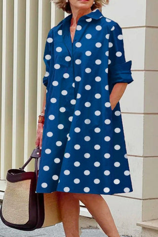 Sonicelife-Casual Print Polka Dot Patchwork Buckle Turndown Collar Shirt Dress Dresses(15 Colors)