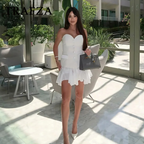 thanksgiving outfit Sonicelife 2024 Spring Summer Sexy Solid Women Suits Fashion Strapless Sleeveless Single Breasted Tops+Folds Mini Shorts Skirts