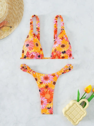 Sonicelife Floral Print Thong Bikini Swimsuit