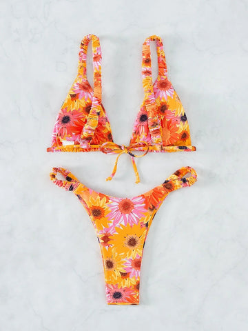 Sonicelife Floral Print Thong Bikini Swimsuit