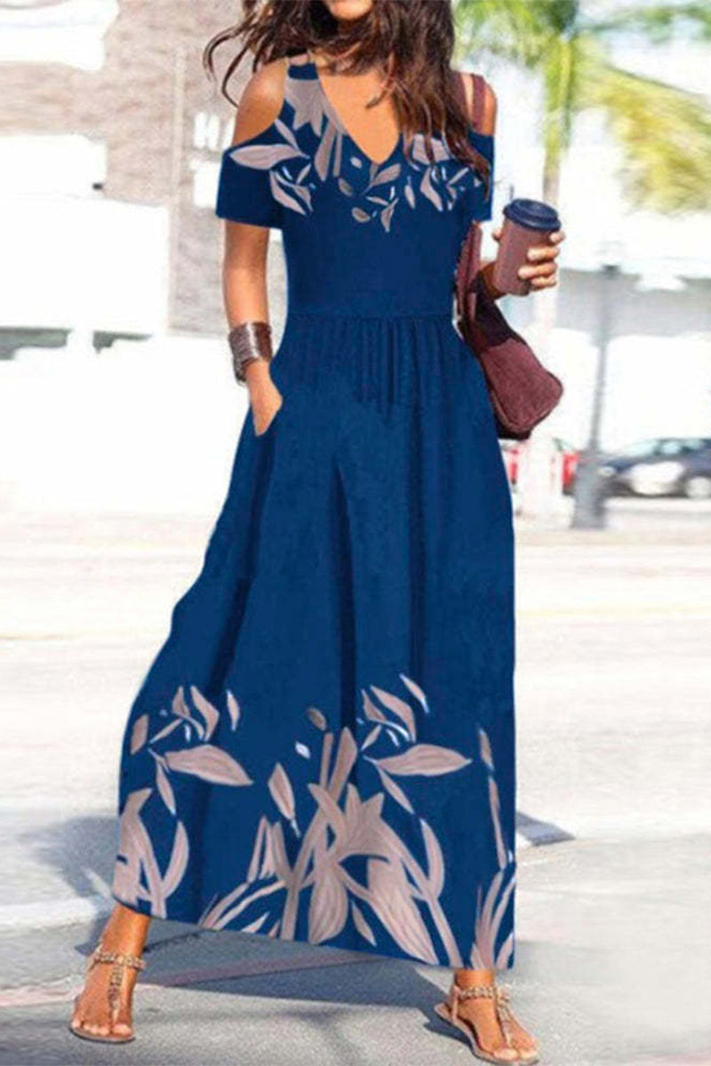 Sonicelife-Casual Print Patchwork V Neck A Line Dresses