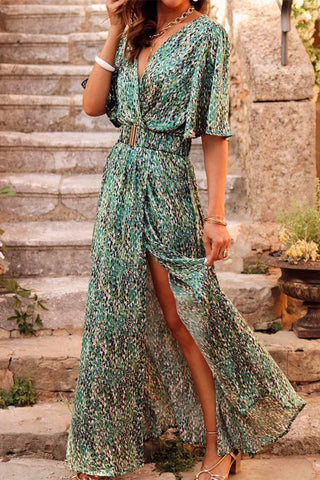 Sonicelife-Bohemian College Floral Patchwork With Belt V Neck Waist Skirt Dresses(5 Colors)