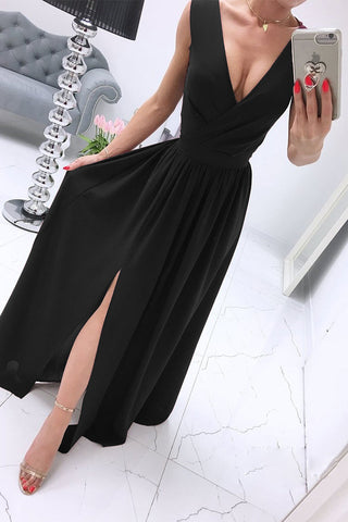 Sonicelife-Sexy Simplicity Solid Slit V Neck Princess Dresses