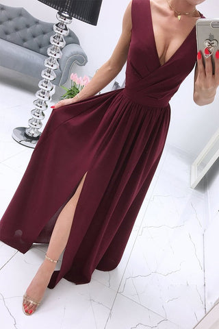 Sonicelife-Sexy Simplicity Solid Slit V Neck Princess Dresses