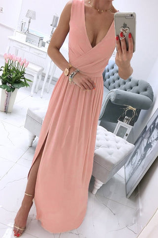 Sonicelife-Sexy Simplicity Solid Slit V Neck Princess Dresses