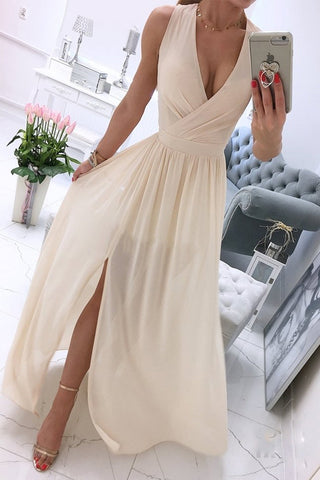 Sonicelife-Sexy Simplicity Solid Slit V Neck Princess Dresses