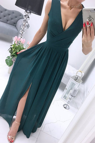 Sonicelife-Sexy Simplicity Solid Slit V Neck Princess Dresses