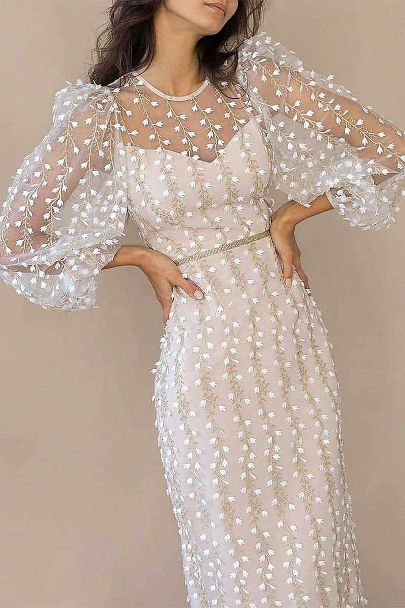 Sonicelife-Celebrities Elegant Solid Embroidered See-through O Neck Bandage Dress Dresses