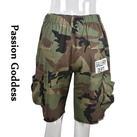 Sonicelife Fashion Women Camouflage Mid Shorts High Waist Mid-Sweatpants Letter Camo Multipocket Shorts Femme Party Cool Baggy Cargo Shorts