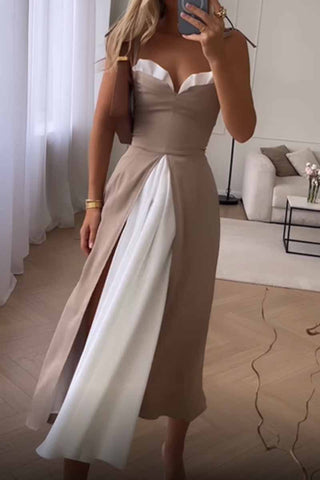Sonicelife-Elegant Print Solid Patchwork Slit V Neck A Line Dresses(4 Colors)