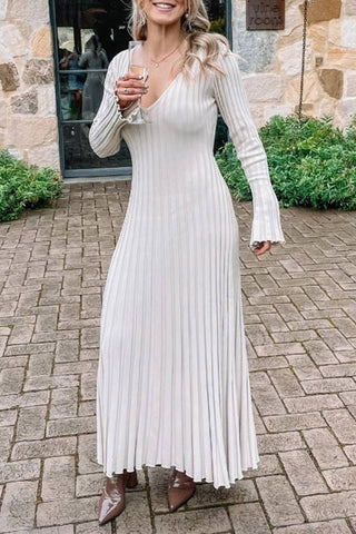 Sonicelife-Casual Solid Fold V Neck Pleated Dresses(3 Colors)