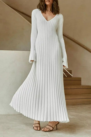 Sonicelife-Casual Solid Fold V Neck Pleated Dresses(3 Colors)
