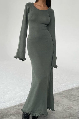 Sonicelife-Casual Solid Backless Stringy Selvedge O Neck Long Sleeve Dresses(3 Colors)