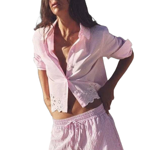 Sonicelife Striped Shirt with Hollow out Embroidery for Women Sweet Temperament Single Breasted, Long Sleeved Top Pink New