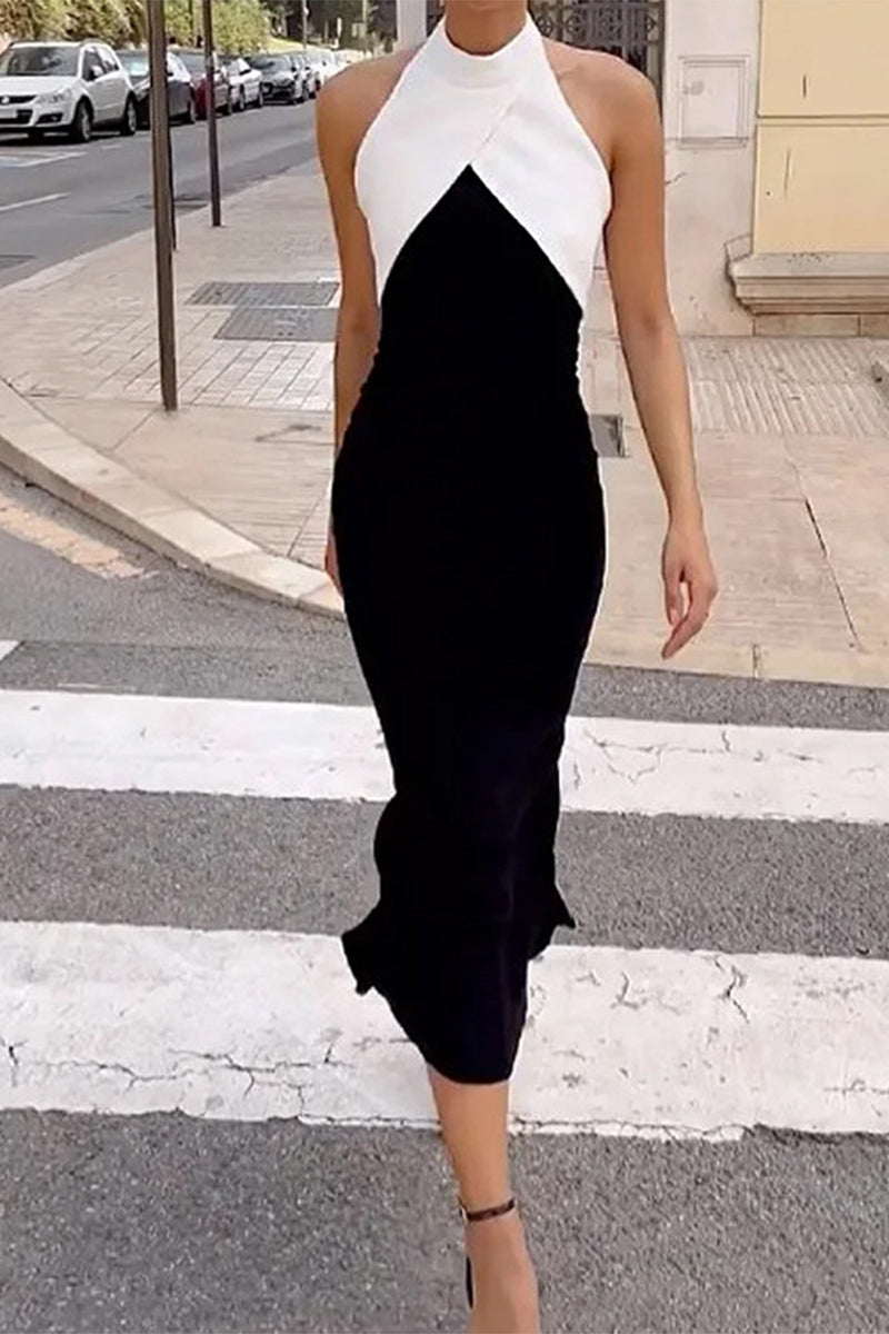 Sonicelife-Elegant Solid Contrast Halter Sleeveless Dress Dresses