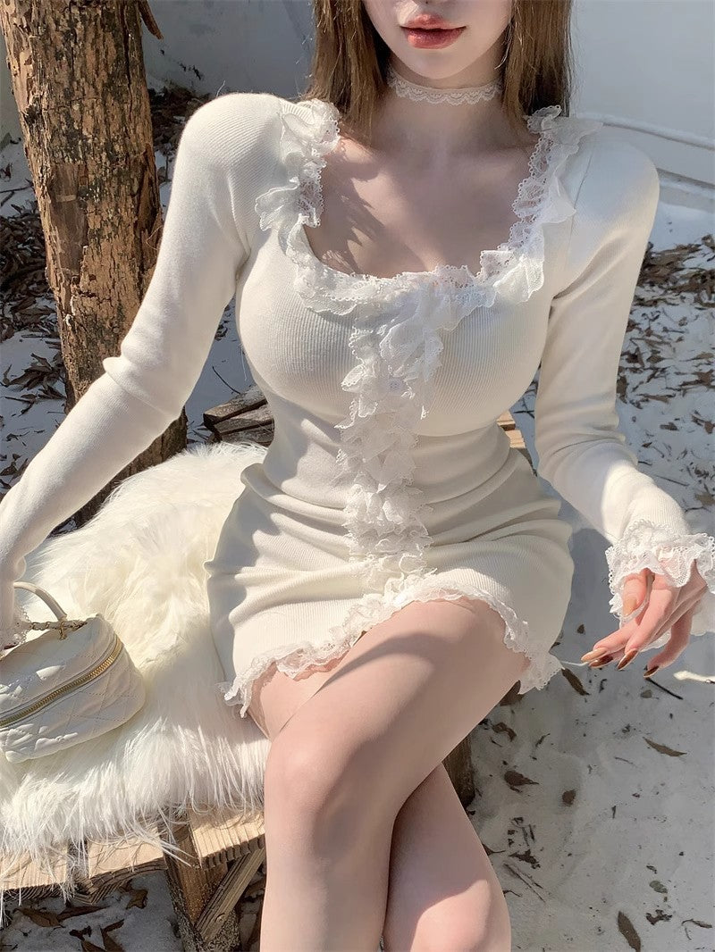 Sonicelife Y2k Dress Women Clothing Kpop Lace Long sleeves Party Dresses High waist Korea Sweet Girl Mini Dressees Harajuku Sexys Dress