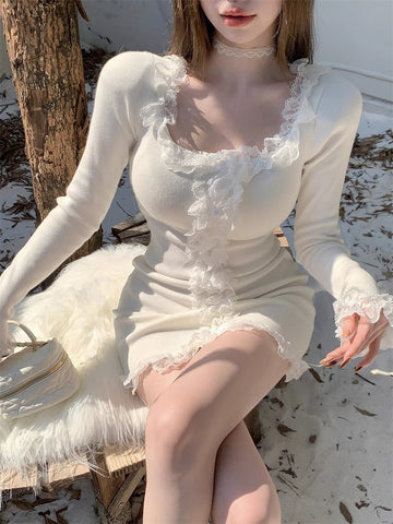 Sonicelife Y2k Dress Women Clothing Kpop Lace Long sleeves Party Dresses High waist Korea Sweet Girl Mini Dressees Harajuku Sexys Dress