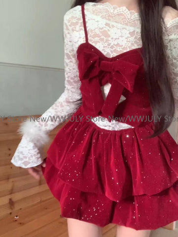 Sonicelife Women Rave Birthday 2000s Shoujo Girl Korean Fashion Outfits 3 Piece Set Long Sleeve Lace Tops + Red Velvet Cami Dress + Shorts