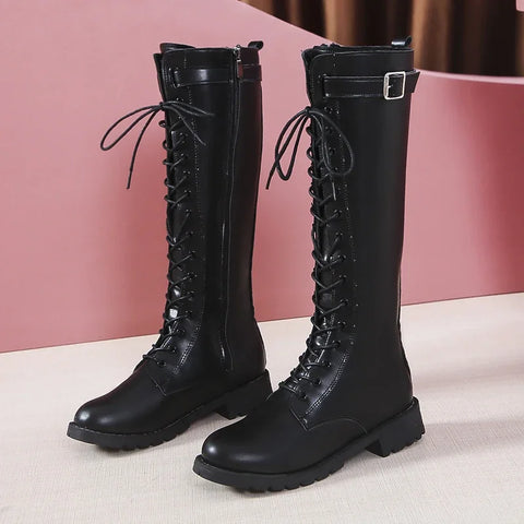 Sonicelife 2025 Plus Size Autumn Winter Knee High Boots Women Fashion Buckle High Tube PU Leather Boots  Zipper Low Heels Long Botas Mujer