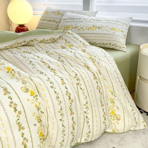 Sonicelife Green Floral Bedding Set Ins Fashion Twin Full Queen Size Duvet Cover No Filler Flat Sheet Pillowcase Girl Home Totel Bed Linens