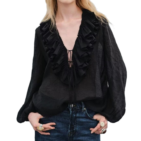 Sonicelife Women's V-Neck Tie Top with Wooden Ear Edge Layered Decoration Sweet Commuter Temperament Long-Sleeved T-shirt New