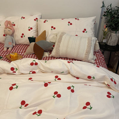 Sonicelife 2024 Cherry Cute Bedding Set Flat Sheet Pillowcases No Filler Ins Spring Kids Audlt Single Full Size Home Hotel Bed Linens