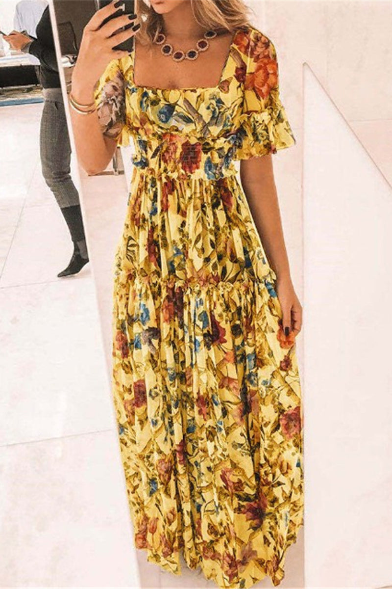 Sonicelife-Elegant Floral Stringy Selvedge Square Collar Printed Dress Dresses