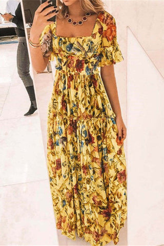 Sonicelife-Elegant Floral Stringy Selvedge Square Collar Printed Dress Dresses
