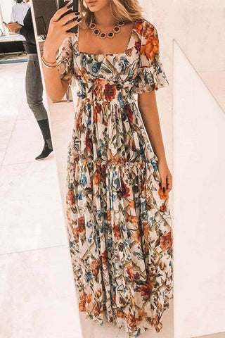Sonicelife-Elegant Floral Stringy Selvedge Square Collar Printed Dress Dresses