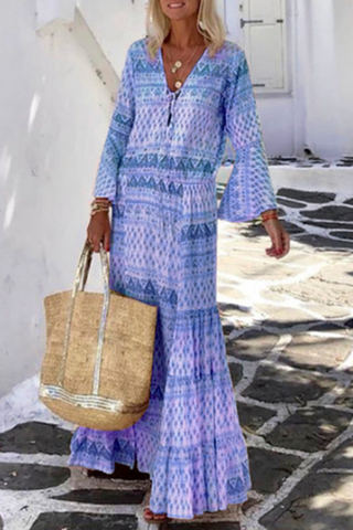 Sonicelife-Casual Print Patchwork V Neck Cake Skirt Dresses(5 Colors)