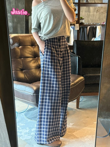Sonicelife Navy Blue Plaid Fashion Wide Leg Pant Single Breasted Versatile Streetwear Women Trouser Spring Summer Retro Y2K Female Bottoms