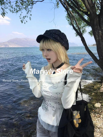 Sonicelife 2025 Y2k Aesthetic Cotton Tshirts Women All Match Tees Lace Patch Sexy Grunge Print T Shirt Long Sleeve Crop Top Fairy Clothes
