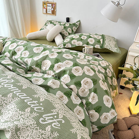 Sonicelife Ins Floral Bedding Set with Duvet Cover No Filler Green Cream Pillowcase Flat Sheet Kid Adult Single Double Size BedSpread