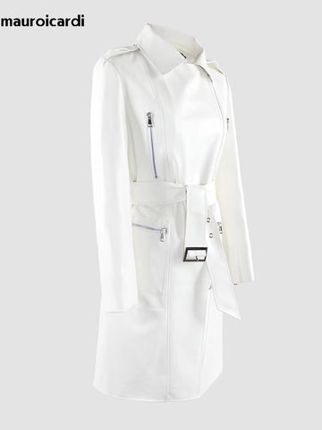 christmas outfit Sonicelife Spring Autumn Long White Fitted Pu Leather Biker Motorcycle Jacket Women Zipper Belt European Fashion Leather Coat