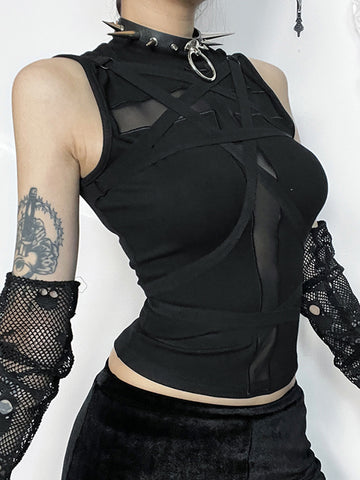 Sonicelife Dark Cyberpunk Gothic Vest Women Streetwear Harajuku Sexy Emo Alt Cross Strap Short Sleeve O-neck Crop Tank Tops Female