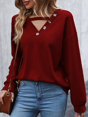 christmas outfit Sonicelife Long Sleeves Loose Buttoned Hollow Split-Joint V-Neck Sweater Tops