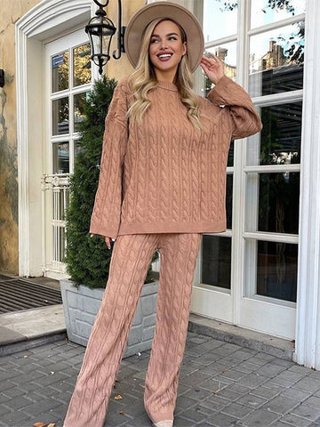 Sonicelife Casual Solid Knit Women Sweater Sets High Waist Wide Leg Lady Long Pant Suit 2025 Autumn Full Sleeve O Neck Female Top Set