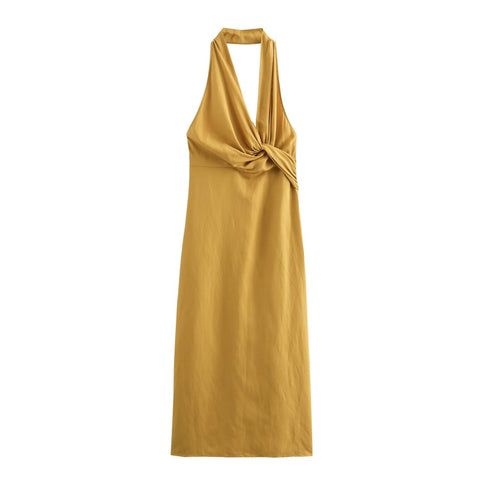 Sonicelife Women's Halter Neck Dress with exposed Back Fashionable and Sexy Pleated knot Decoration Versatile Commuting Temperament New