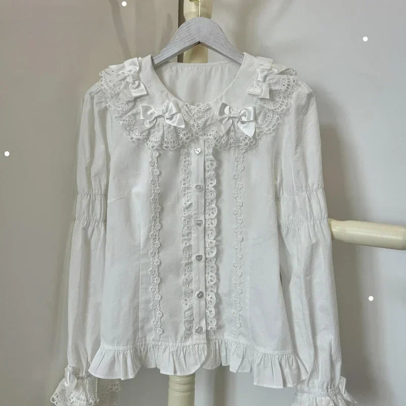 Sonicelife Japanese Style Sweet Kawaii Shirts Women Y2k Harajuku Bow Lace Ruffles Long Sleeve Blouse Evening Party Elegant Lolita Tops New