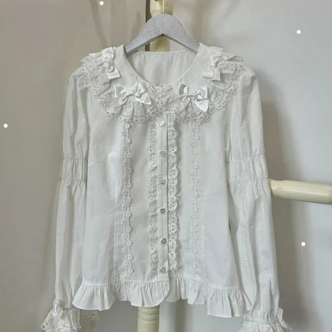 Sonicelife Japanese Style Sweet Kawaii Shirts Women Y2k Harajuku Bow Lace Ruffles Long Sleeve Blouse Evening Party Elegant Lolita Tops New