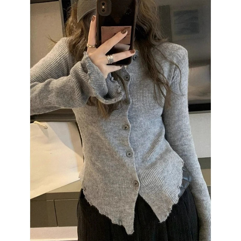 Sonicelife 2025 Y2k Grey Vintage Women Kint Sweater Harajuku Long Sleeve Cardigan Irregular Korean Fashion Slim Autumn Jerseys Casual