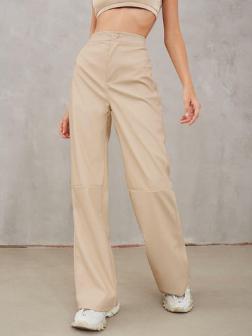 Sonicelife-Casual High Waist PU Wide Leg Pants