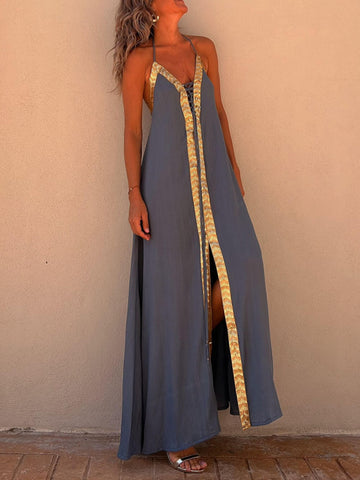 Sonicelife-Halter Neck Casual Resort Maxi Dress