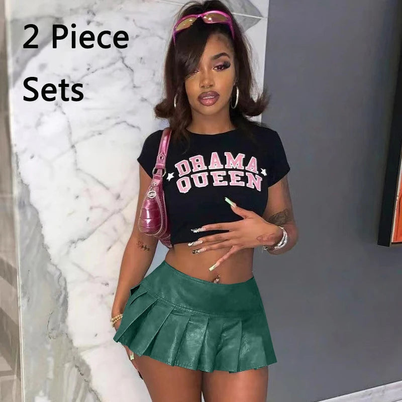 Sonicelife 2 Piece T Shirt PU Leather Pleated Skirts Sets Women Slim Crop Shirt Top Pink Leather Mini Pleated Skirts Cute Two Piece Outfits