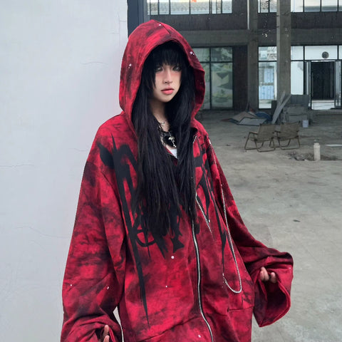 Sonicelife 2025 Y2k Aesthetic Printing Punk Hoodies Women Grunge Loose Pocket Oversized Hooded Hoody Harajuku Streetwear Zipper Sweatshirts