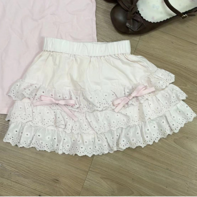 Sonicelife Japanese Sweet Pink Lolita Style Ruffles Cake Mini Skirt Women Polka Dot Print Short Skirt Girls Korean Kawaii Lace Bow Skirt