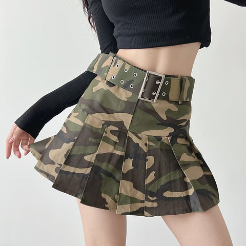 Sonicelife Summer Women Camouflage Pleated Mini Skirts Dance Lady School High Waist Belt Pink Camo Pleated Skirt Cosplay A Line Cute Skirts