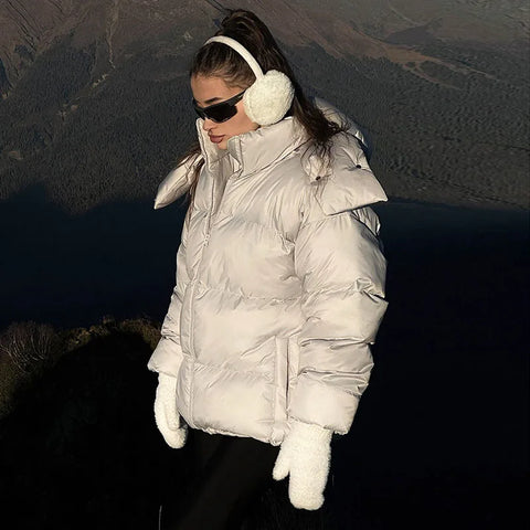 Sonicelife Fashion Women's Hooded Down Jacket Loose Stand Collar Zipper Pocket Female Puffer Jackets 2024 Winter Lady Solid Street Coats